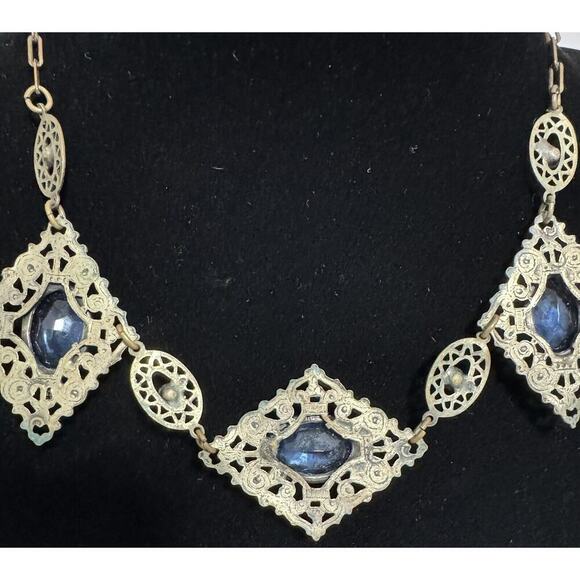 Antique Victorian Czech Blue Glass Filigree Bib Choker Necklace - Picture 9 of 14
